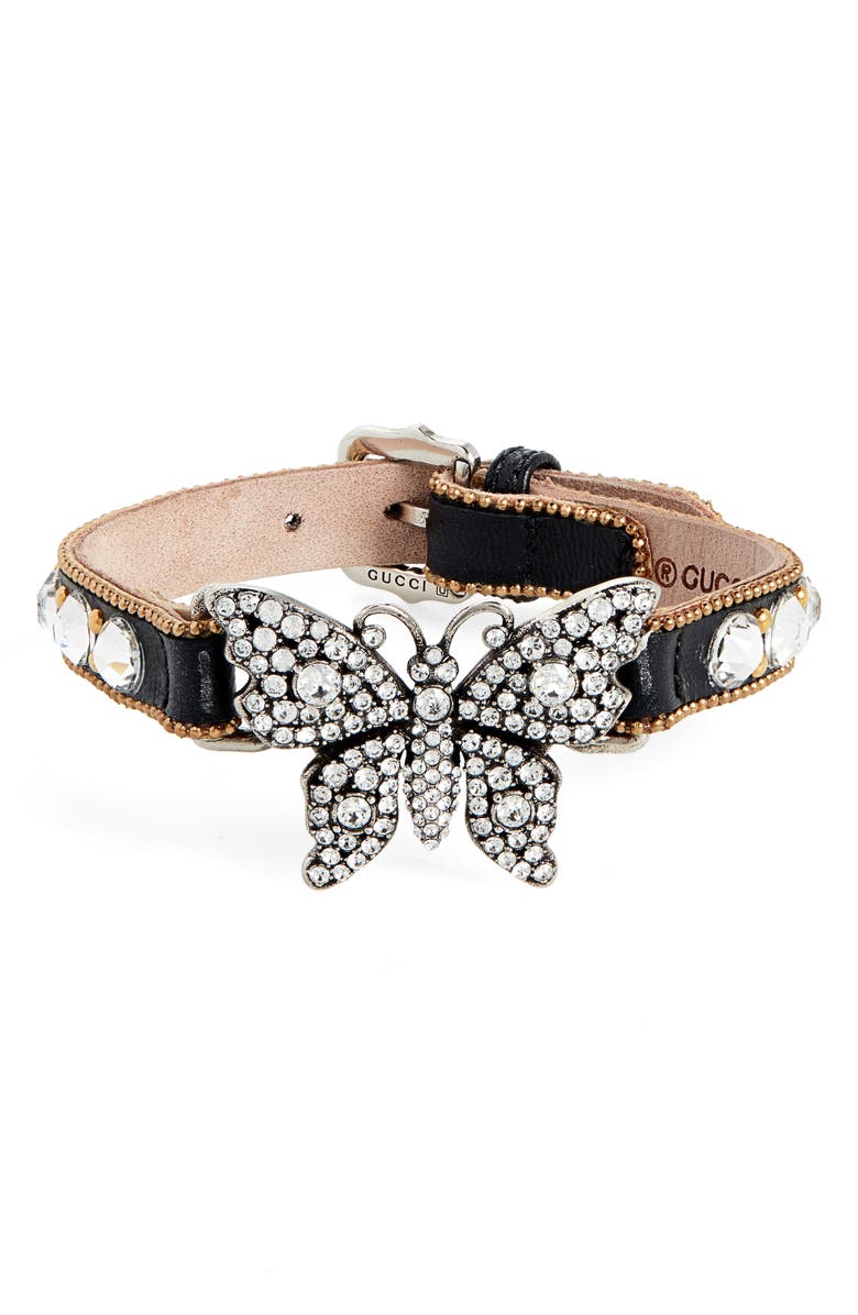 Gucci Crystal Embellished Butterfly Leather Bracelet, Main, color,