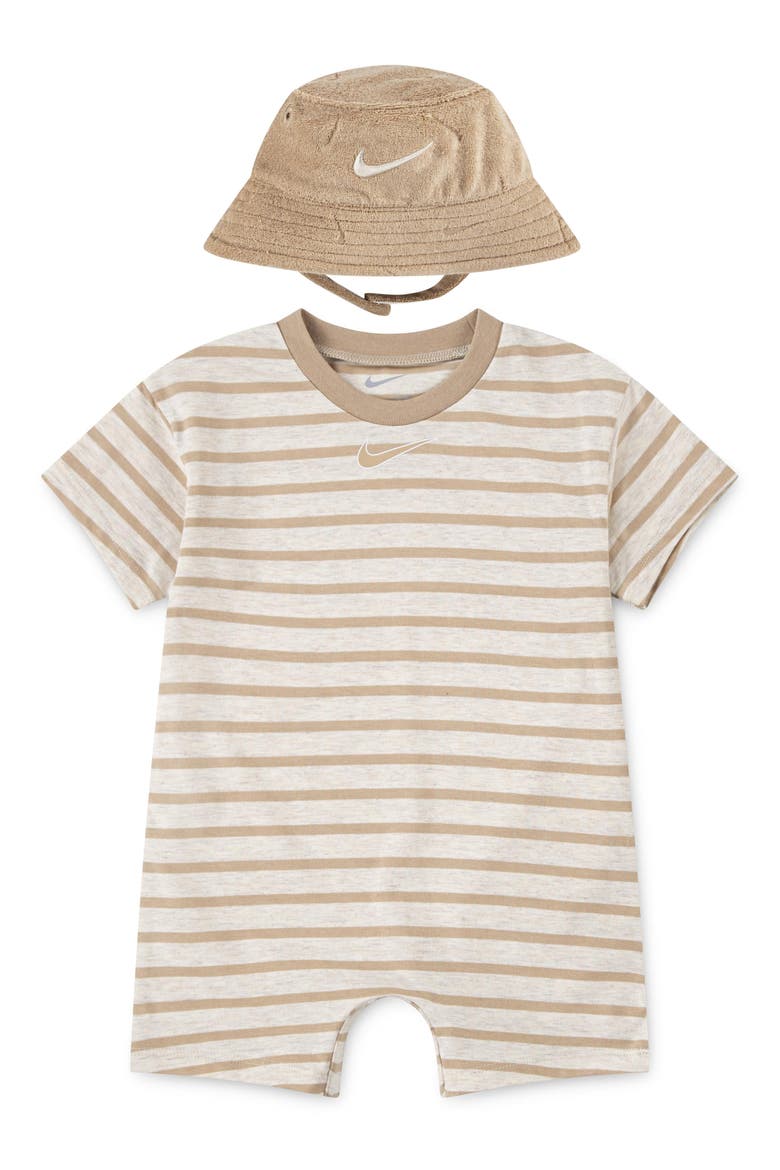 Stripe Romper & Bucket Hat Set, Main, color, PALE IVORY HEATHER