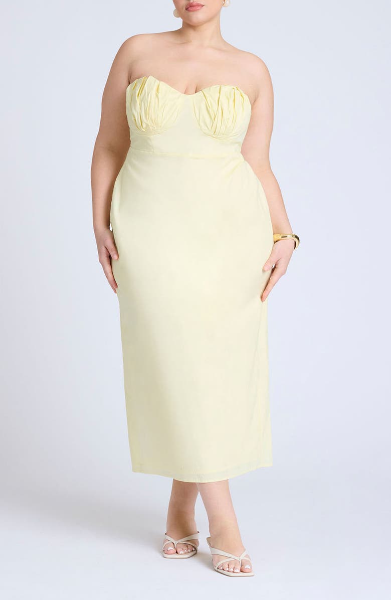 ELOQUII Pleat Detail Strapless Stretch Poplin Midi Dress, Main, color,