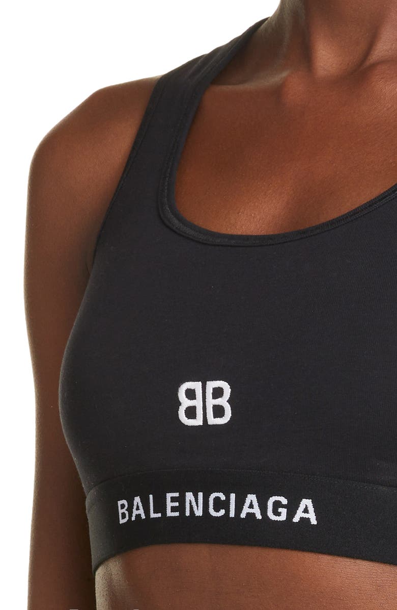 Balenciaga Logo Racerback Sports Bra, Alternate, color, 