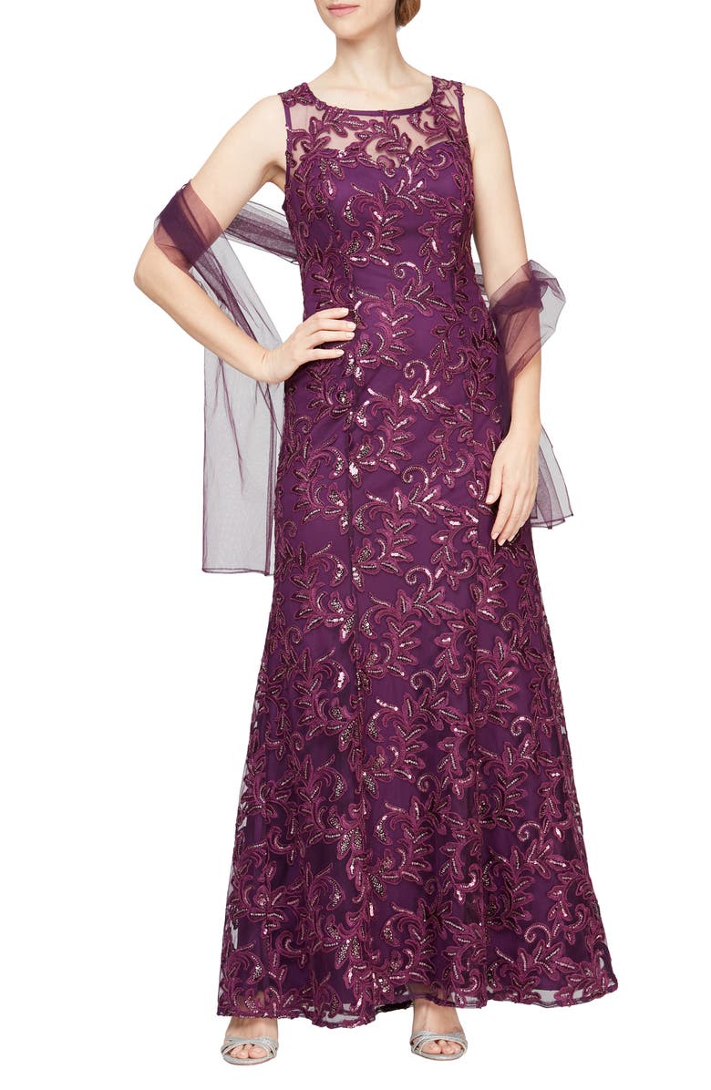 Alex Evenings Embroidered Tulle Gown with Shawl, Main, color, 