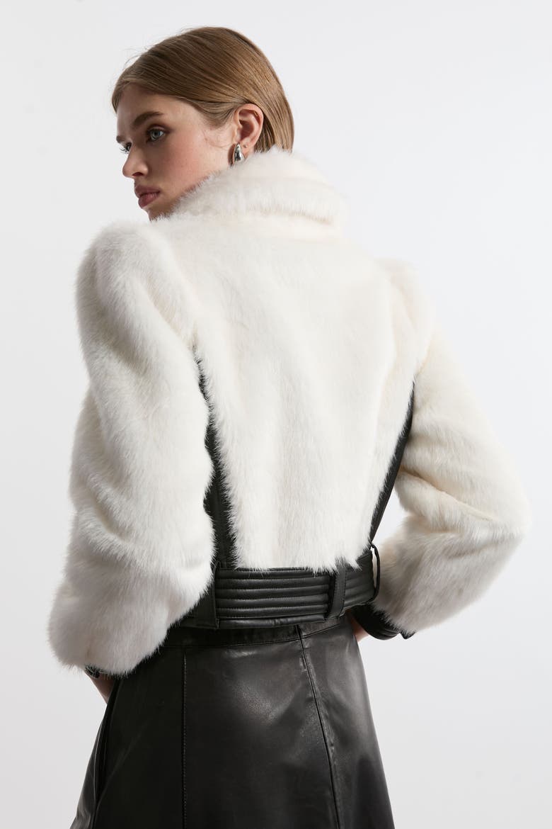 Faux Fur Pu Panel Belted Cropped Jacket, Alternate, color, Ivory