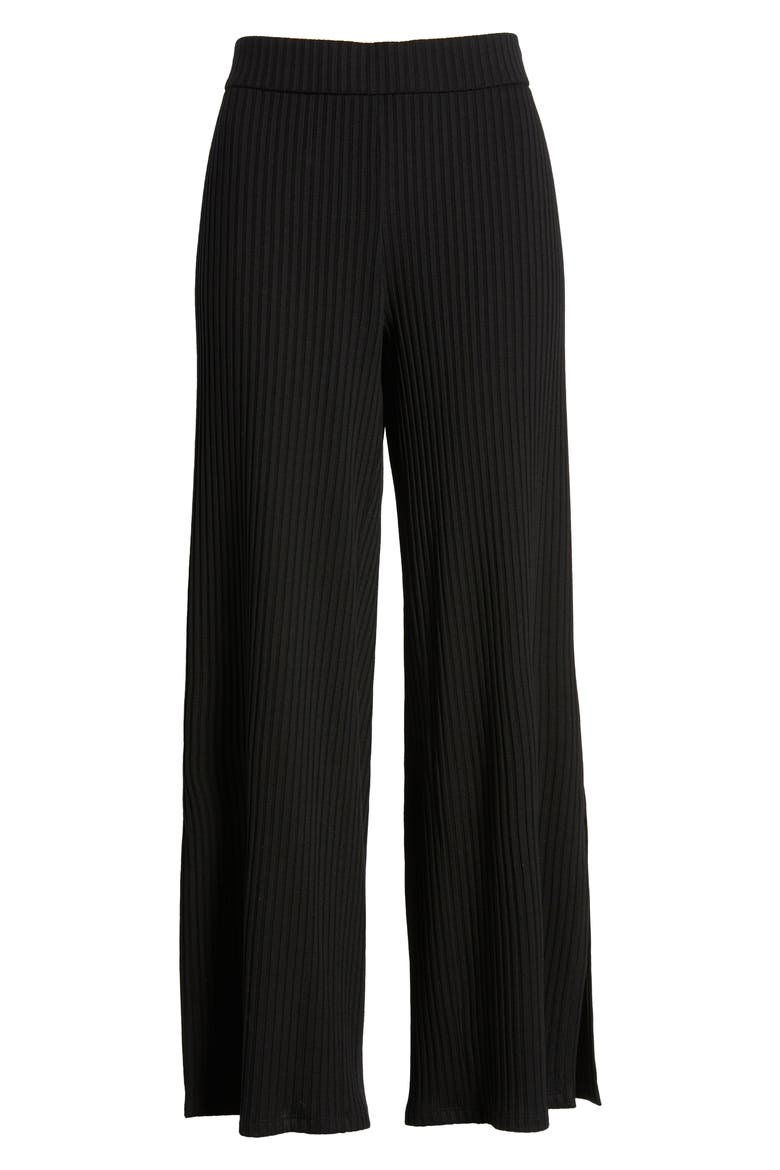 Ribbed Side Slit Wide Leg Pants, Alternate, color, BLACK