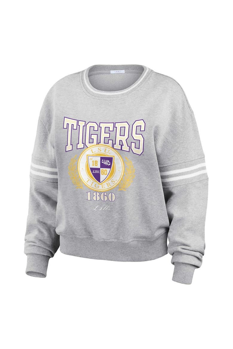 Women's WEAR by Erin Andrews Heather Gray LSU Tigers Classic Stripe Pullover Sweater, Alternate, color, Heather Gray
