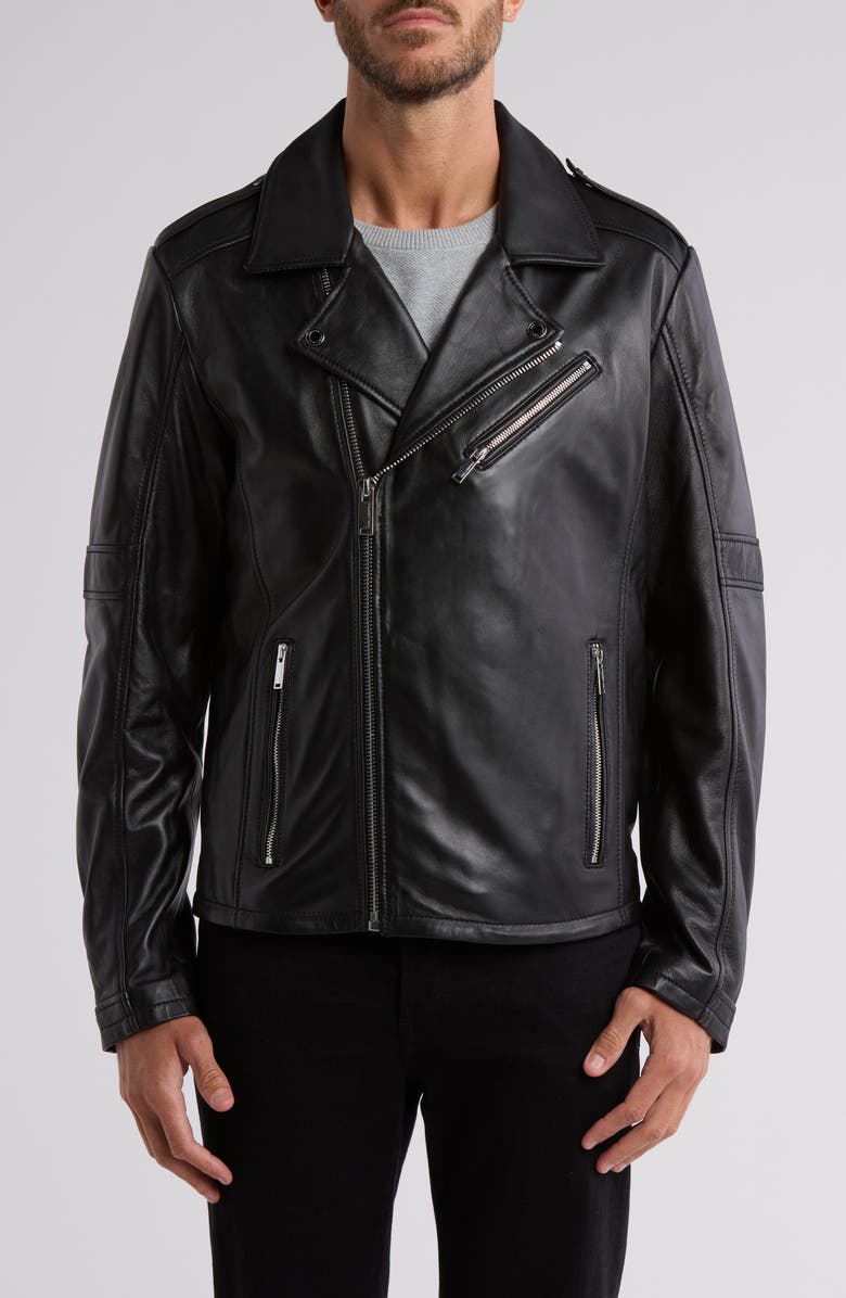 KARL LAGERFELD PARIS Leather Moto Jacket, Main, color, Black