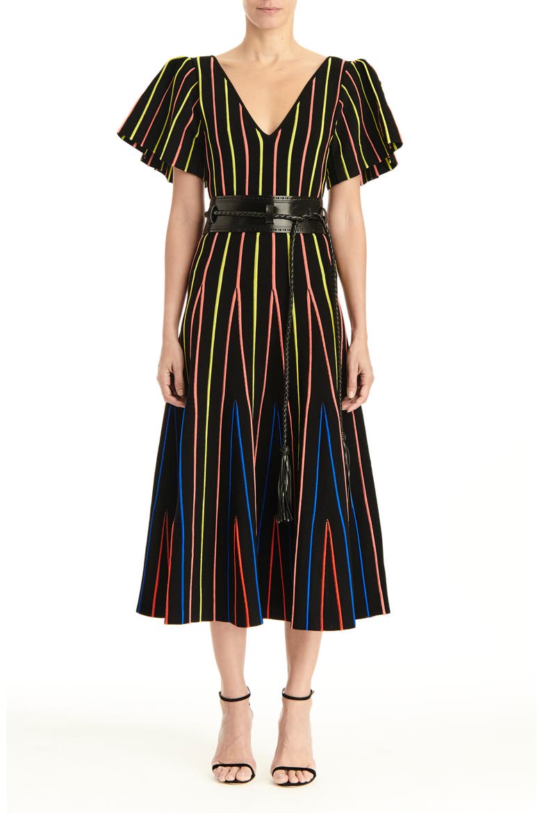 Flutter Sleeve Fit & Flare Midi Dress, Alternate, color, BLACK MULTI