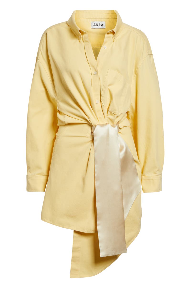 Area Satin Knot Long Sleeve Cotton Oxford Shirtdress, Main, color, Light Yellow