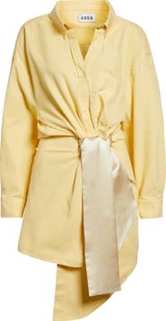 Area Satin Knot Long Sleeve Cotton Oxford Shirtdress