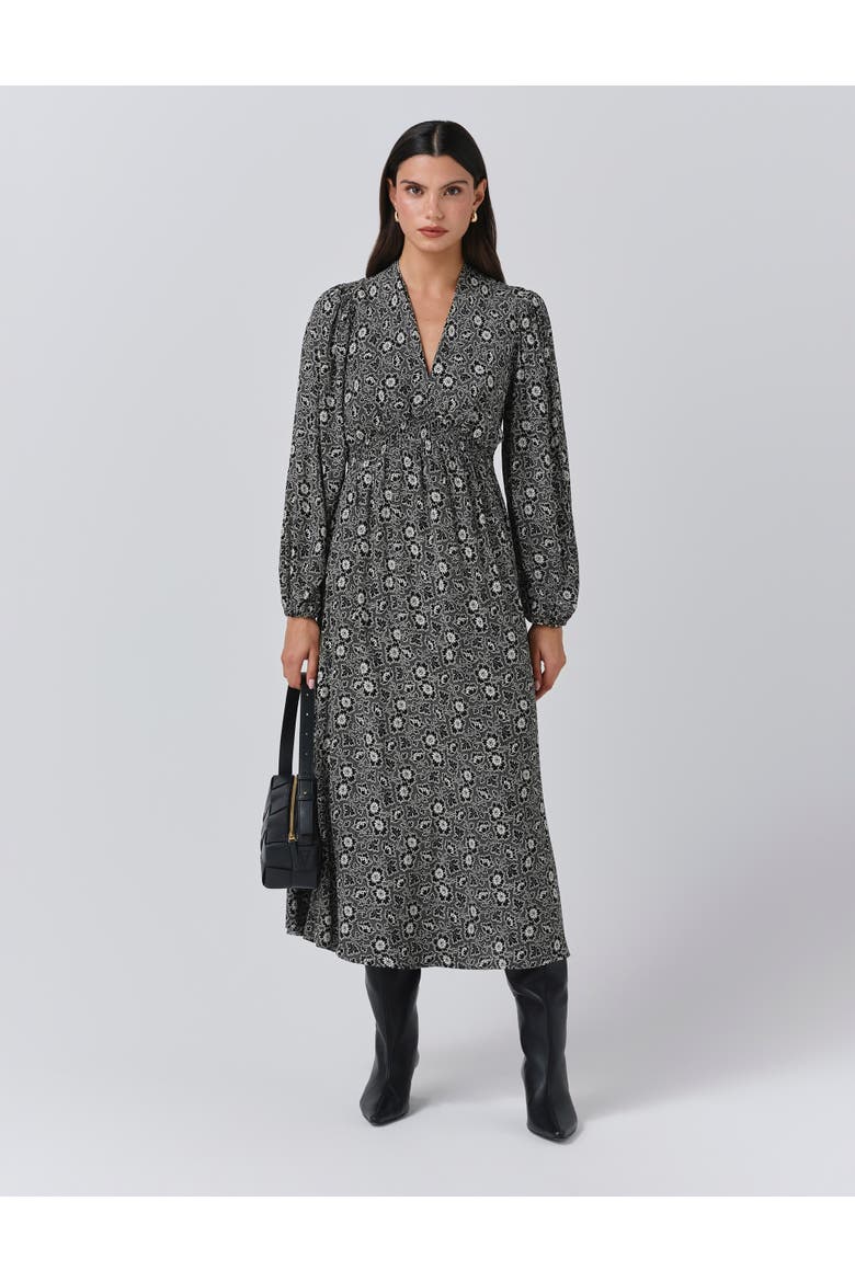 Petal Crepe V Neck Midi Waisted Dress, Main, color, Black Ditsy