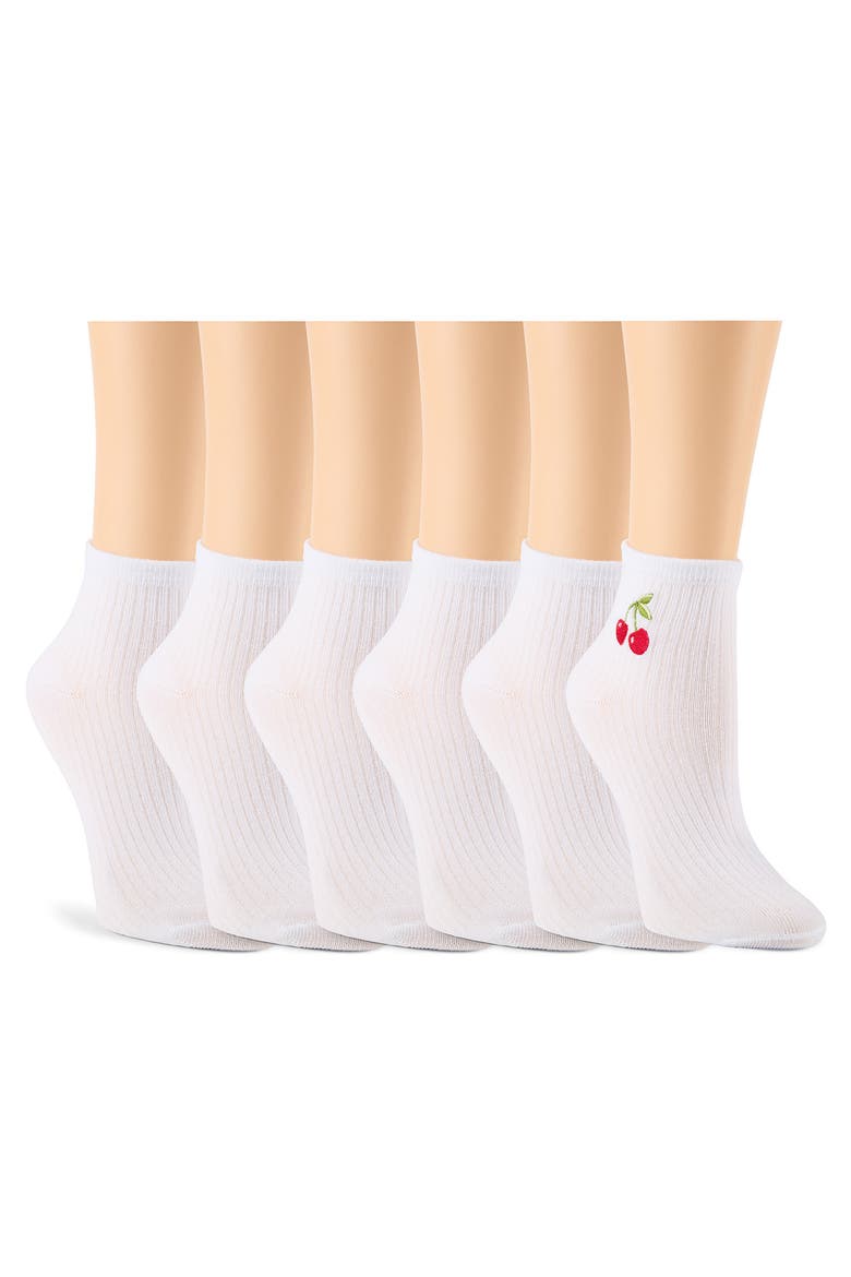 6-Pack Embroidered Rib Anklet Socks, Main, color, WHITE MULTI