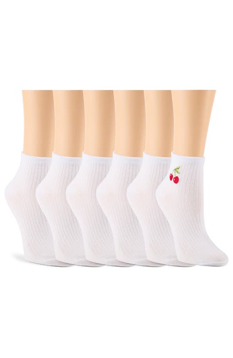6-Pack Embroidered Rib Anklet Socks