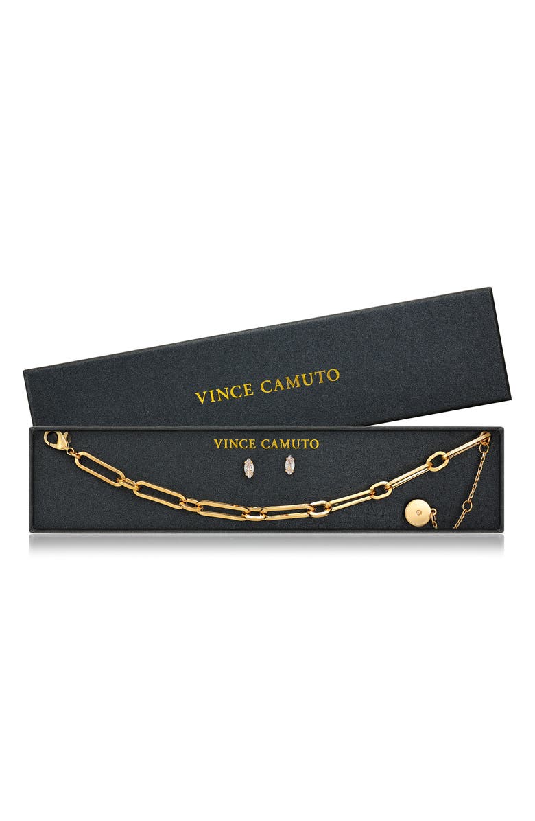 Vince Camuto Paperclip Chain Bracelet & Cubic Zirconia Stud Earrings Gift Set, Alternate, color, Gold