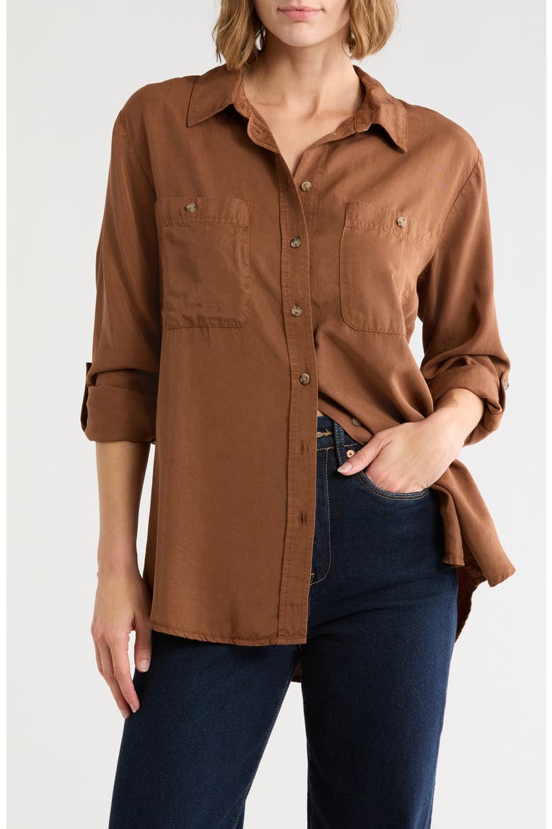 Tencel® Lyocell Boyfriend Button-Up Shirt, Main, color, CLOVE BROWN