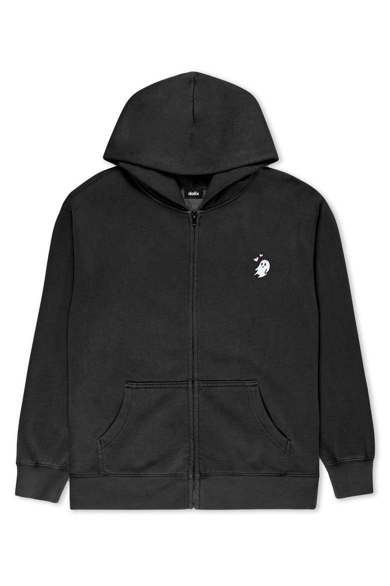Heartly Ghost Midweight Fleece Faded Zip Hooded Sweatshirt, Main, color, Faded Black