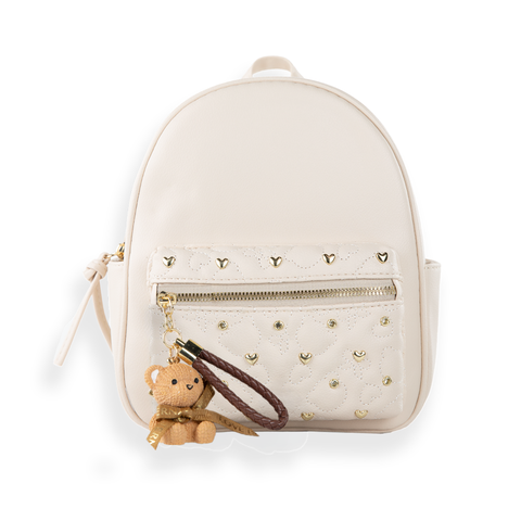 Heart-Quilted Mini Backpack with Bear Charm