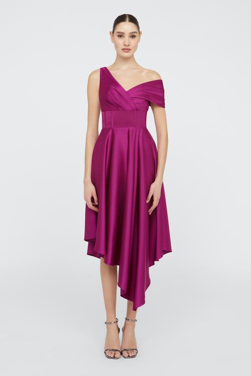 Theia Mirielle One-shoulder Satin Midi Dress In Pink