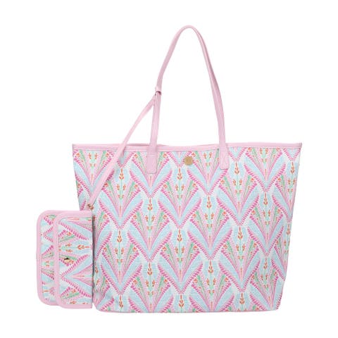 Packed Party Petals and Plumes Oversized Tote Bag with Detachable Wristlet Pouch - Coated Canvas with Leatherette Straps, 19x13.5x5.75 Inch