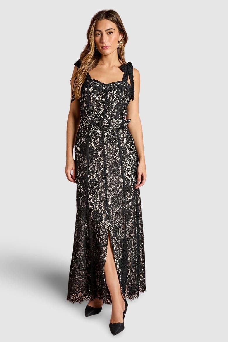 Lace Bow Shoulder Maxi Dress, Main, color, Black