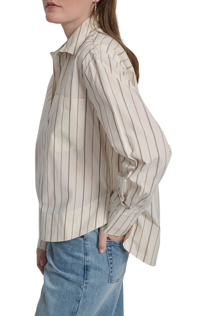 DKNY Jeans Oversize Long Sleeve Crop Button-Up Shirt, Alternate, color, Brown / Eggnog
