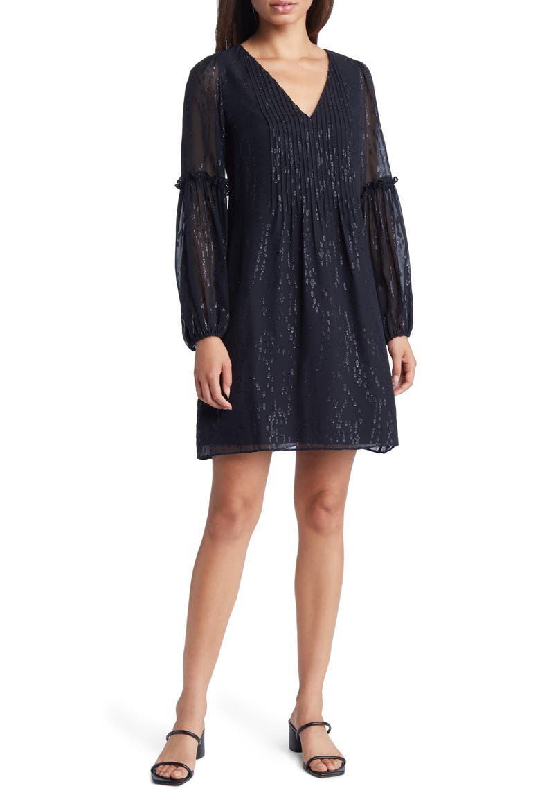 Cleme Long Sleeve Metallic Silk Dress, Main, color, ONYX FISH CLIP