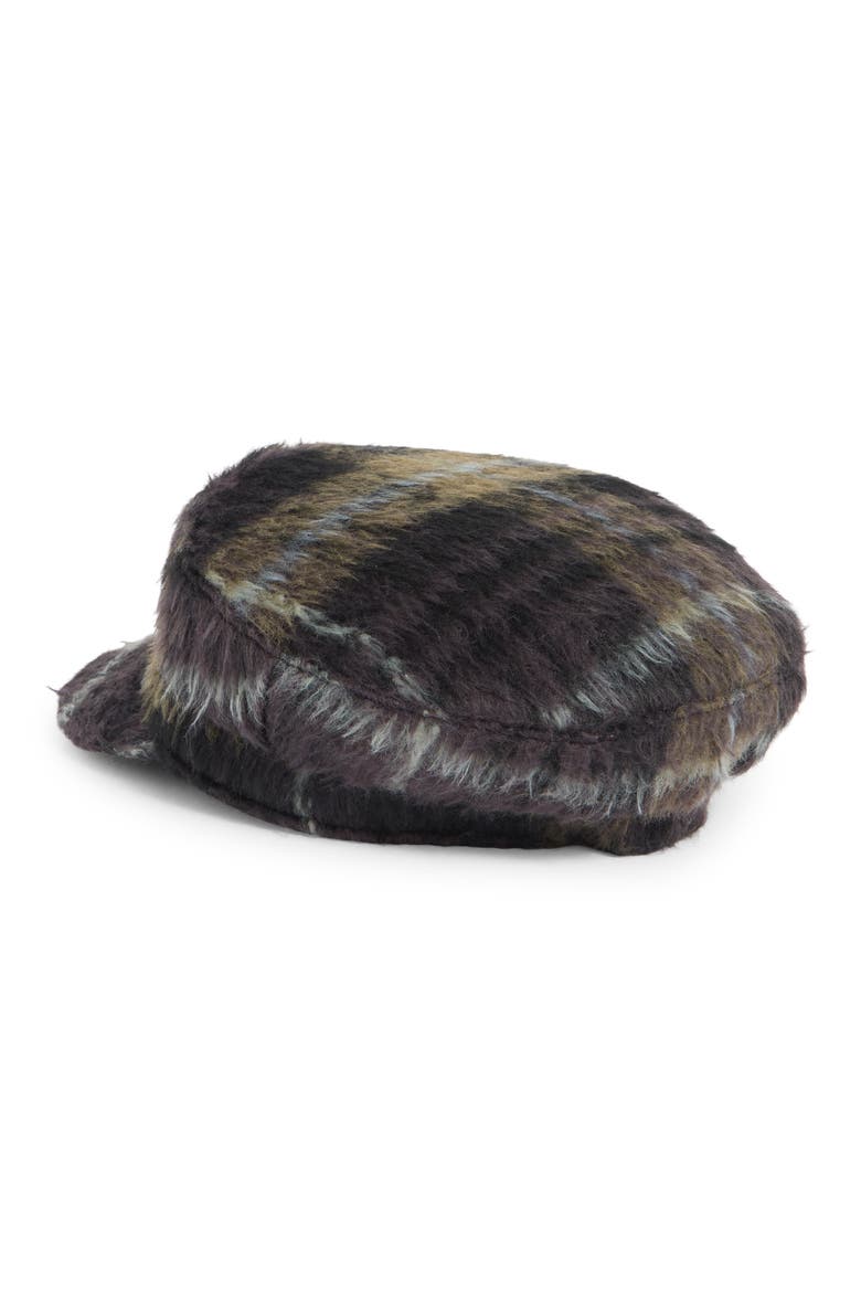 Plaid Brushed Faux Fur Conductor Cap, Alternate, color, BLACK