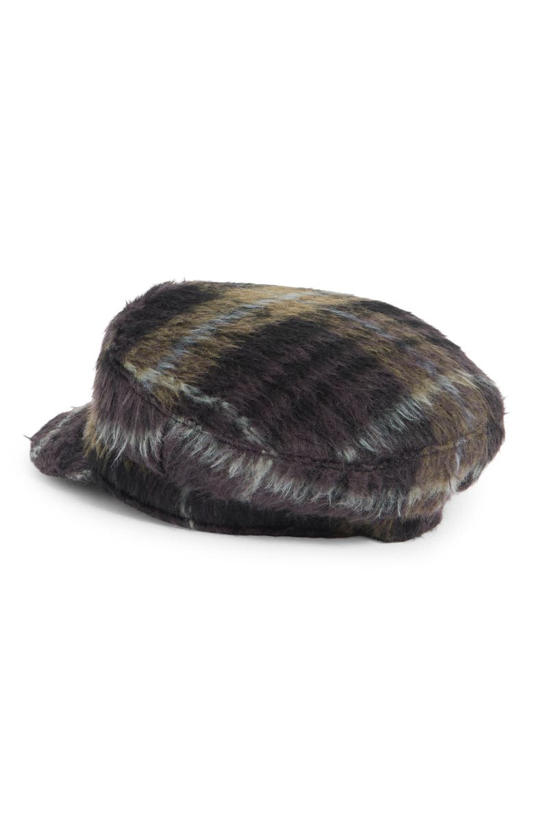 BCBG Plaid Brushed Faux Fur Conductor Cap, Alternate, color, Black
