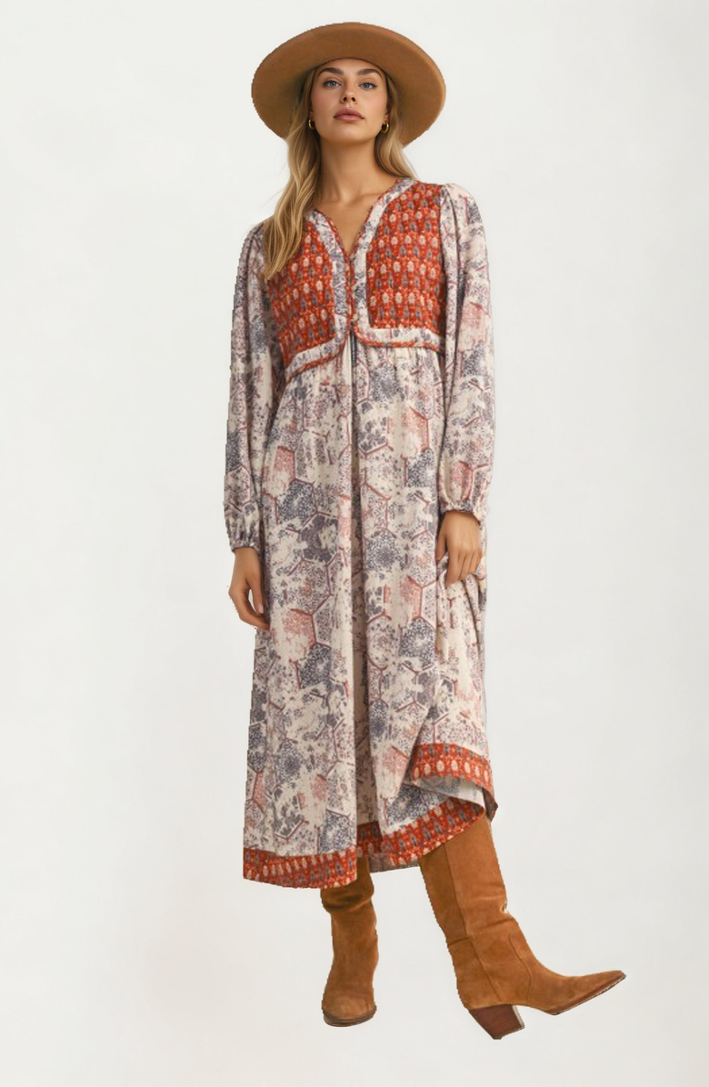 Knit and Lounge Patchwork Print Relaxed Fit Long Sleeve Maxi Dress, Main, color, 