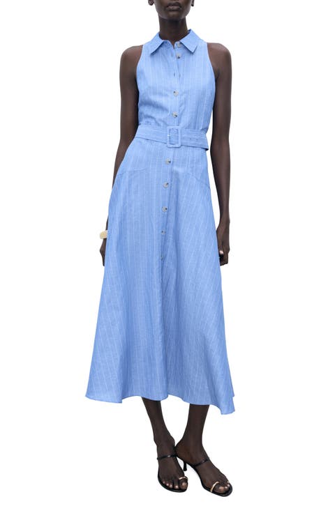Pinstripe Sleeveless Cotton & Linen Blend Shirtdress