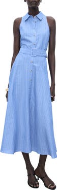 MANGO Pinstripe Sleeveless Cotton & Linen Blend Shirtdress