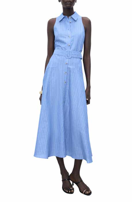 MANGO Pinstripe Sleeveless Cotton & Linen Blend Shirtdress