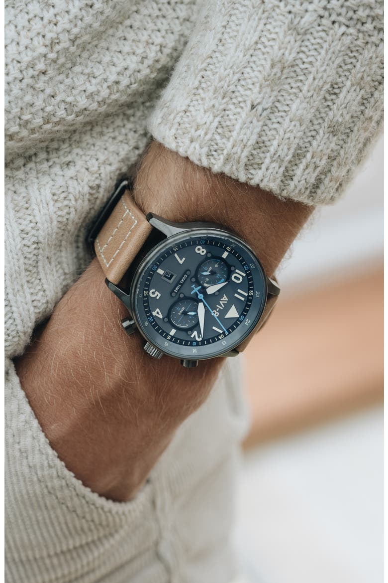 Hawker Hurricane Carey Chronograph Leather Strap Watch, 44mm, Alternate, color, GREY