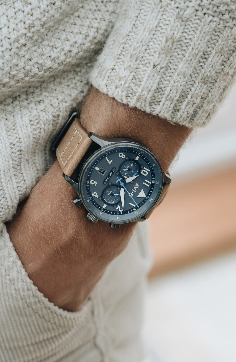 AVI-8 Hawker Hurricane Carey Chronograph Leather Strap Watch, 44mm, Alternate, color, Grey