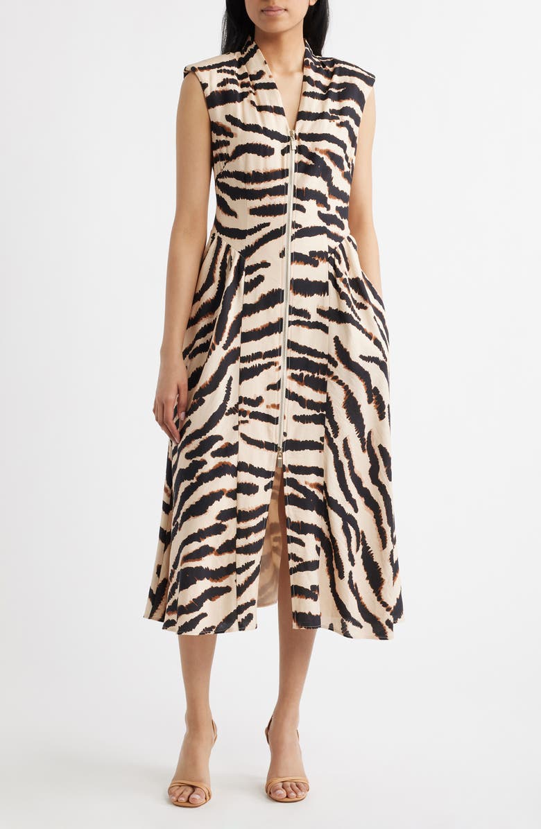 Vince Camuto Abstract Animal Print Cocktail Midi Dress, Main, color, Black/ Beige Leopard Print