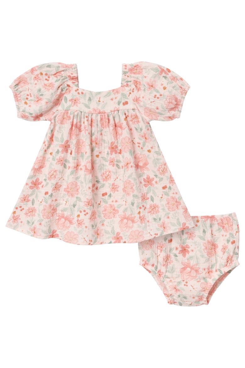 Puffed Sleeve Dress and Diaper Cover Set, Main, color, Rose Watercolor Floral