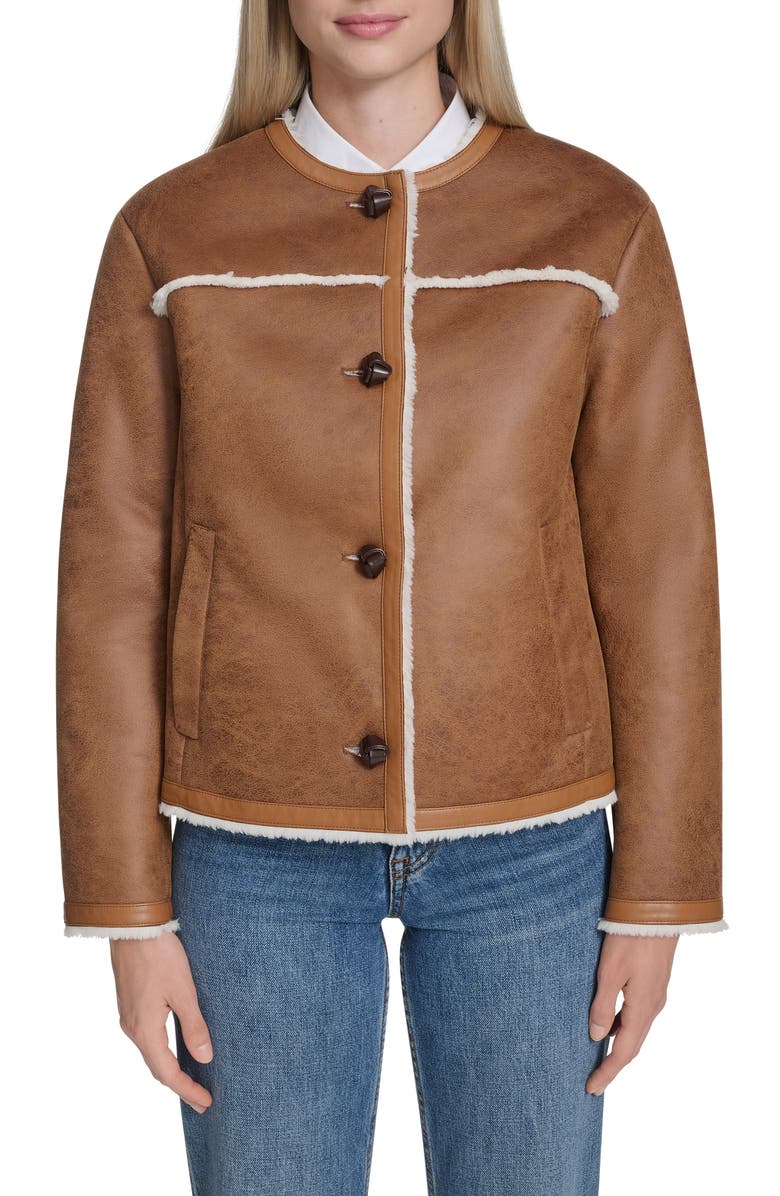 Cole Haan Water Resistant Waxed Faux Shearling Collarless Jacket, Main, color, Hazelnut