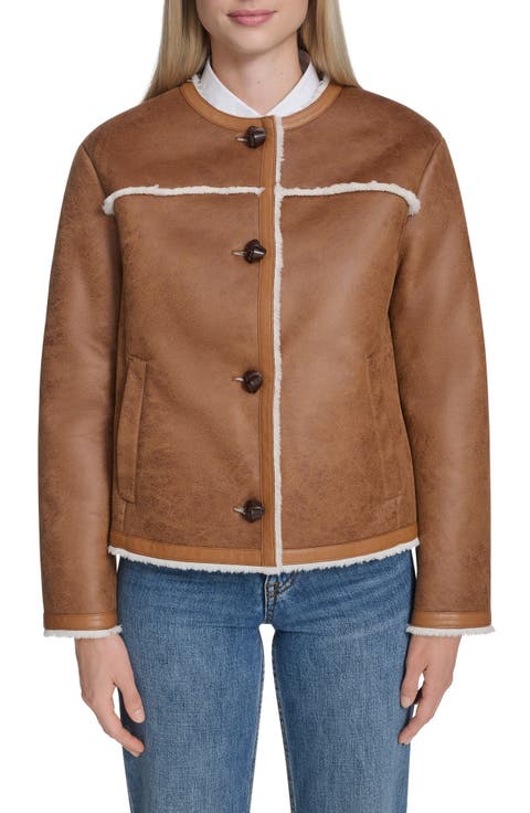 Water Resistant Waxed Faux Shearling Collarless Jacket