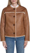 Cole Haan Water Resistant Waxed Faux Shearling Collarless Jacket
