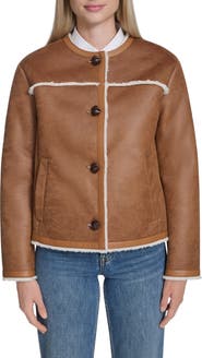 Cole Haan Water Resistant Waxed Faux Shearling Collarless Jacket