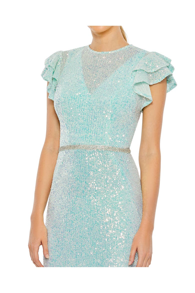 Flutter Sleeve Sequin Column Gown, Alternate, color, ICE BLUE