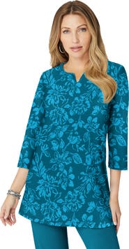 Roaman's Plus Size Three Quarter Sleeve Notch Neck Soft Knit Tunic