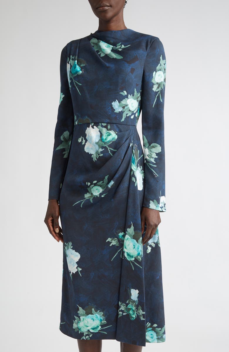 Erdem Abstract Rose Print Draped Long Sleeve Stretch Cady Midi Dress, Alternate, color, Abstract Rose Navy