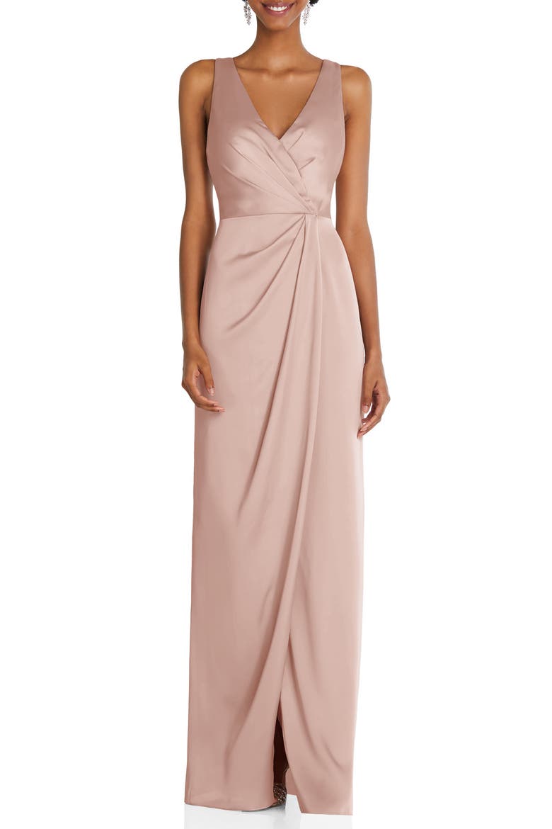 Sleeveless Satin Faux Wrap Gown, Main, color, TOASTED SUGAR