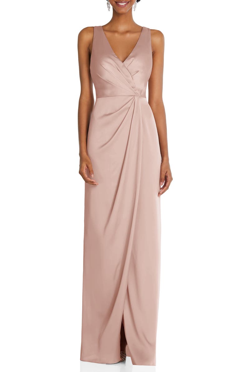 After Six Sleeveless Satin Faux Wrap Gown, Main, color, 