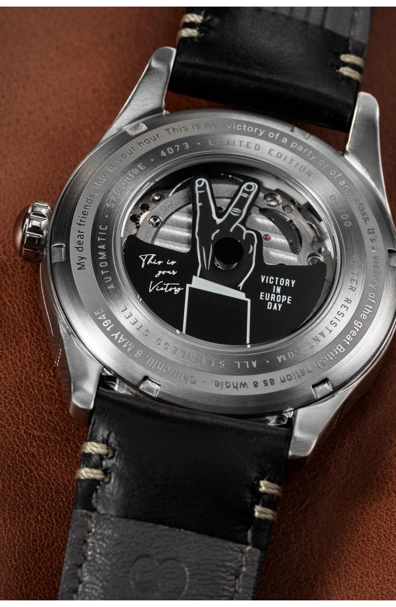 AVI-8 Spitfire Type 300 Automatic VE-Day 80th Anniversary Limited Edition Leather Strap Watch, 41mm, Alternate, color, Black