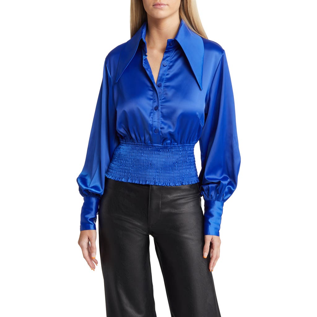 Amy Lynn Smocked Waist Satin Shirt in Blue  product
