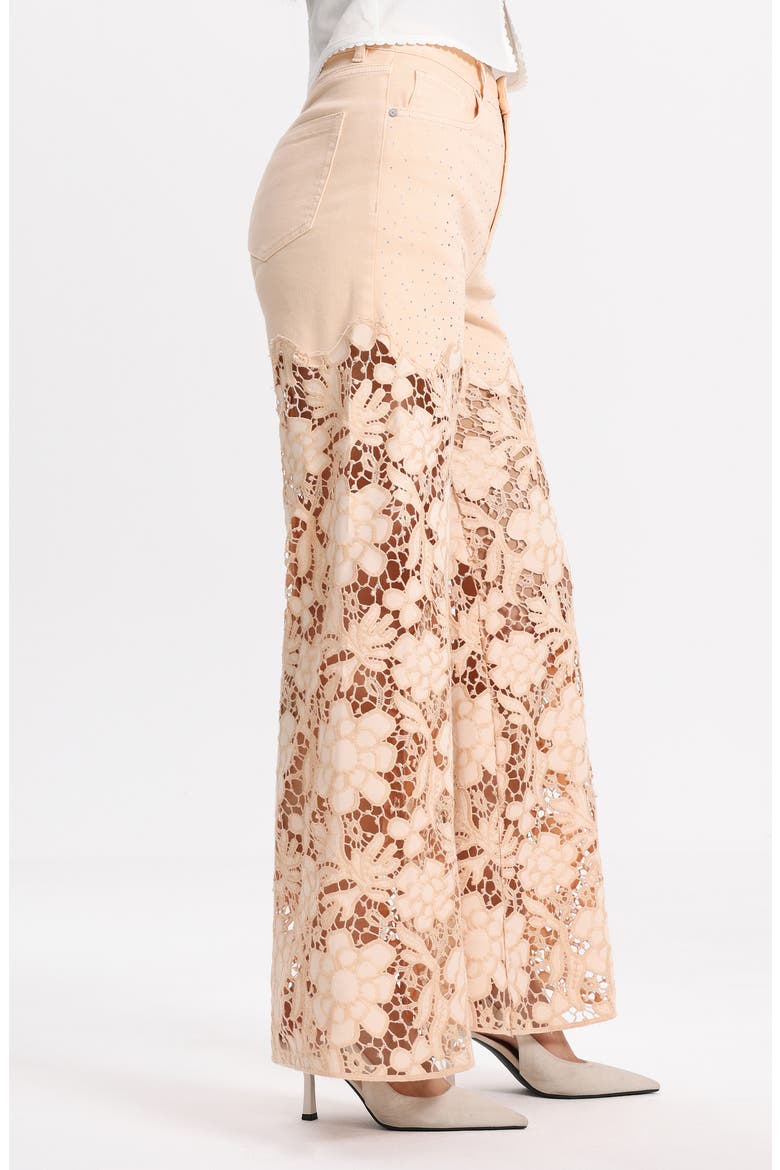 Crystal Embellished Lace Wide Leg Jeans, Alternate, color, APRICOT