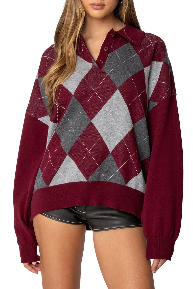 Argyle Oversize Cotton Polo Sweater, Main, color, BURGUNDY