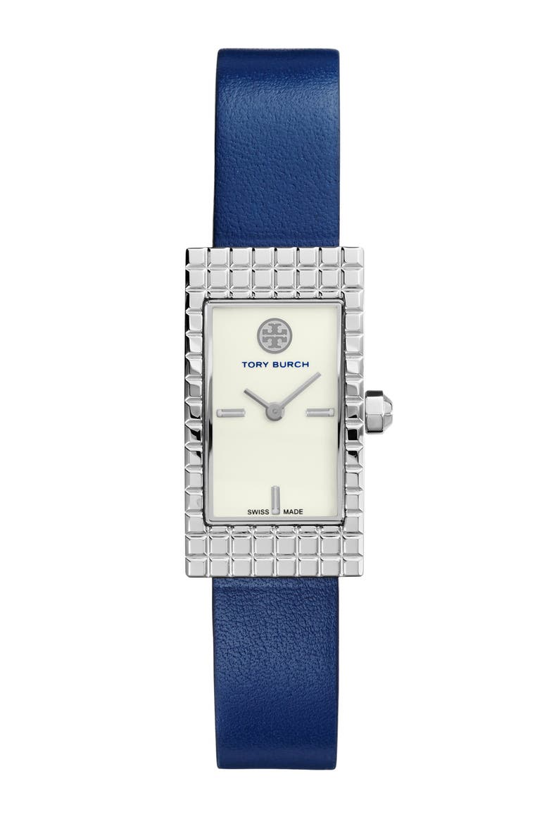 'Buddy Signature' Rectangular Leather Strap Watch, 17mm x 31mm, Main, color, NAVY/ SILVER