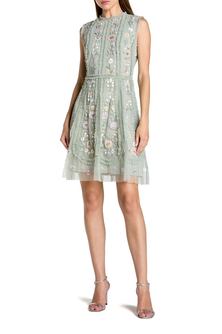 Sleeveless High Neck Embroidered Mini Dress, Main, color, Sage Multi