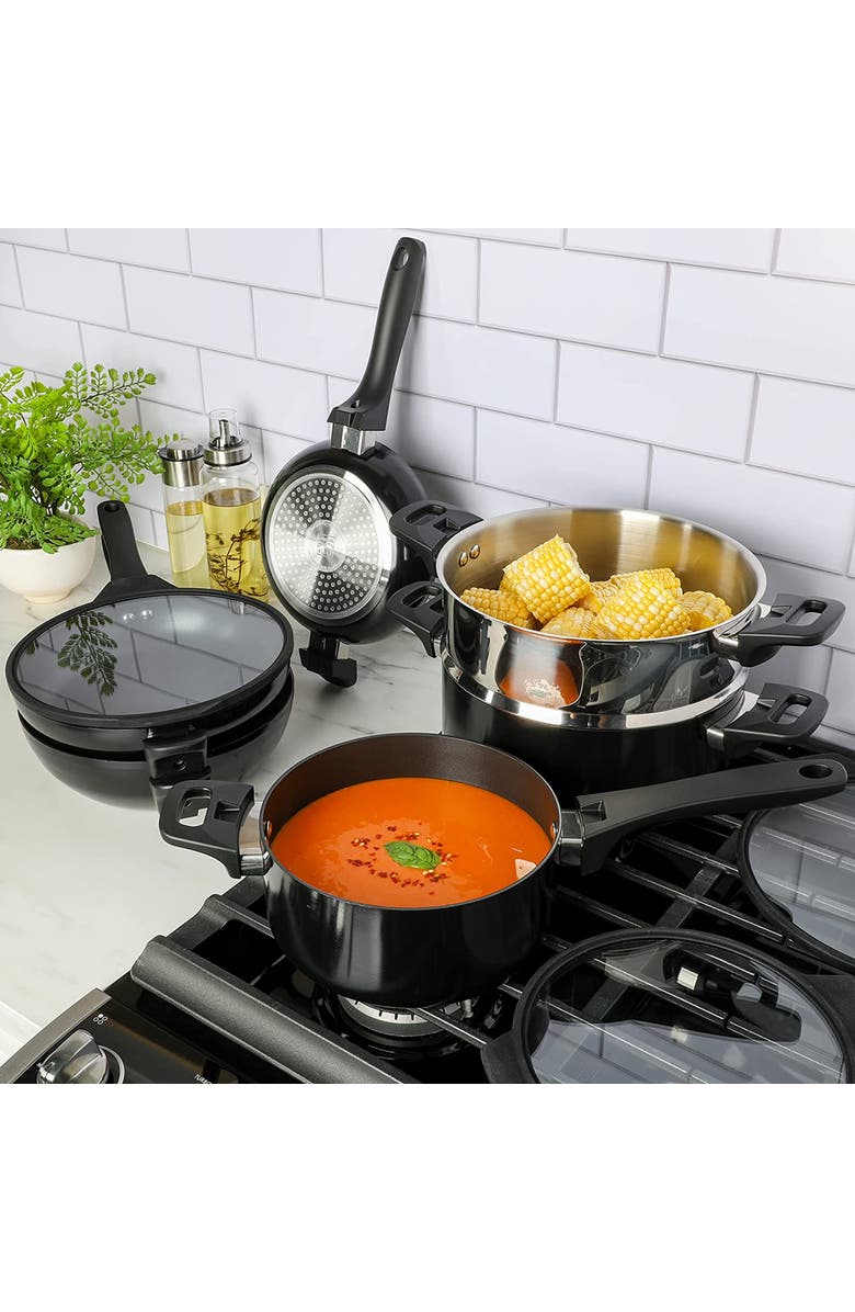 Kenmore Elite Grayson 9 Piece Nonstick Aluminum Stackable Cookware Set, Alternate, color, Black